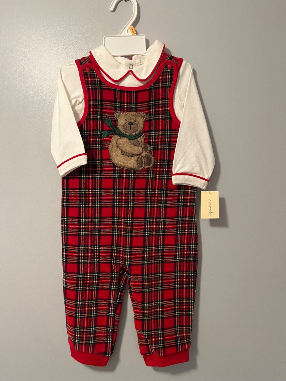 First Impressions Red Plaid Teddy Applique One-Piece